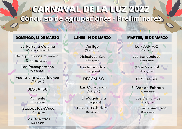 El Carnaval de la Luz 2022 de Punta Umbría define el orden de actuación de las preliminares del concurso