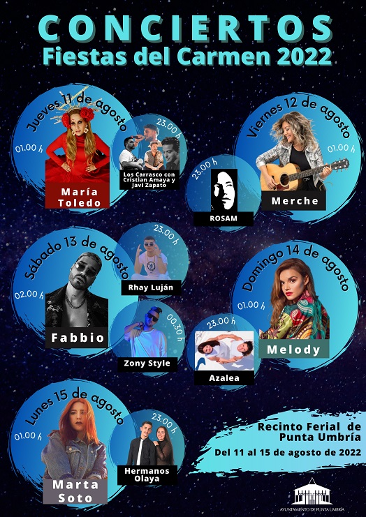 Marta Soto, Merche, Melody, Fabbio y María Toledo actuarán en la Feria del Carmen de Agosto de Punta Umbría