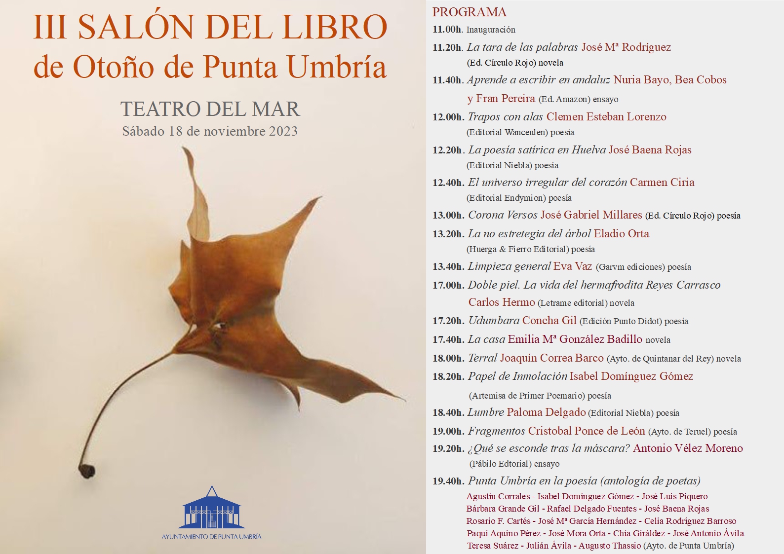 Punta Umbría celebra mañana sábado su tercer Salón del Libro de Otoño en el Teatro del Mar